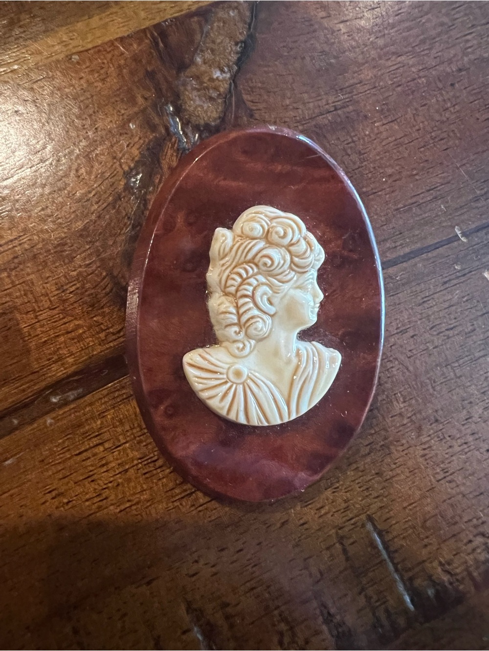 Sale! Vintage Cream Cameo Brooch on Wood-like Oval Base—great condition!